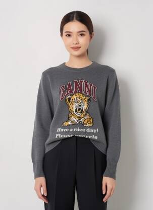 Pull tissage chiné manches longues gris GANNI femme