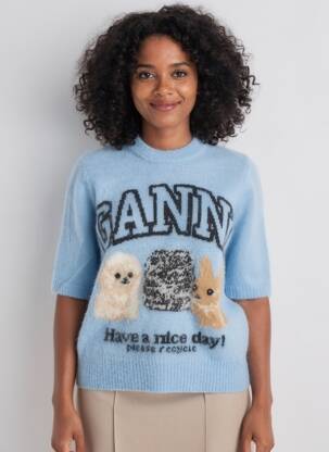 Pull stretch manches courtes bleu GANNI femme