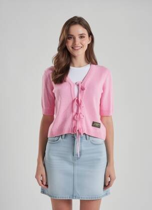 Gilet manches courtes maille tricot rose GANNI femme