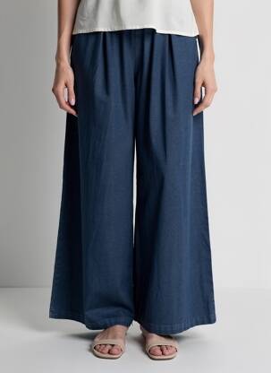 Pantalon large tissage popeline taille normale bleu SEE U SOON femme