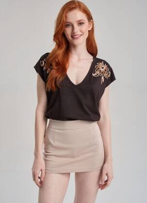 T-shirt col v manches courtes marron SCOTCH & SODA femme