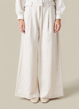 Pantalon large tissage crêpe taille haute beige SUNCOO femme
