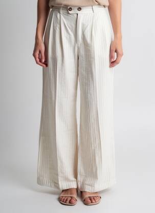 Pantalon large tissage popeline taille haute beige LEON & HARPER femme