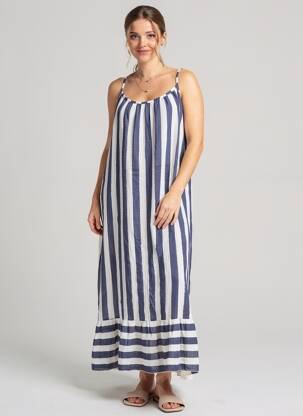 Robe longue coupe évasée fines bretelles bleu ESTEE BROWN femme