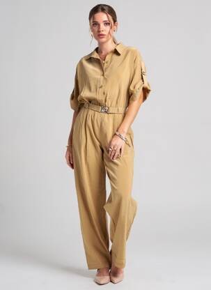Combi-pantalon tissage crêpe manches courtes beige LA PETITE FRANCAISE femme