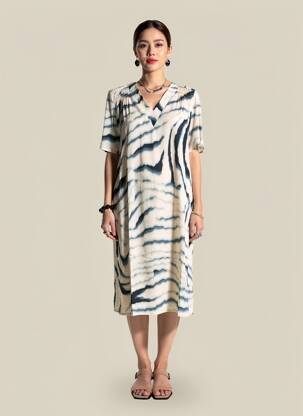 Robe mi-longue coupe fluide manches courtes beige SIGNE NATURE femme