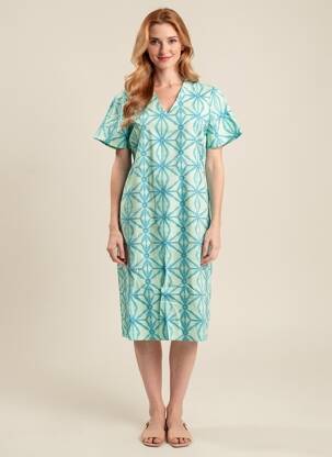 Robe mi-longue imprimé fantaisie manches courtes bleu SIGNE NATURE femme