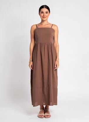 Robe longue tissage crêpe fines bretelles marron LE JARDIN DU LIN femme