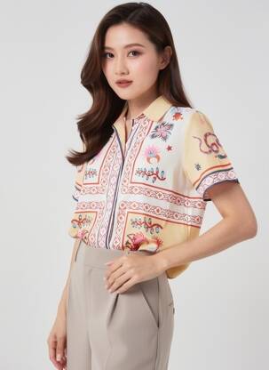 Chemisier imprimé fleurs manches courtes beige AN' GE femme