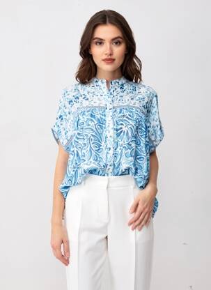 Chemisier tissage crêpe manches courtes bleu IMAGINE femme