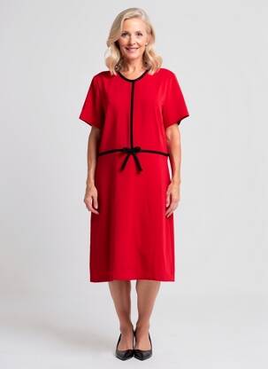 Robe mi-longue tissage crêpe manches courtes rouge PAUSE CAFE femme