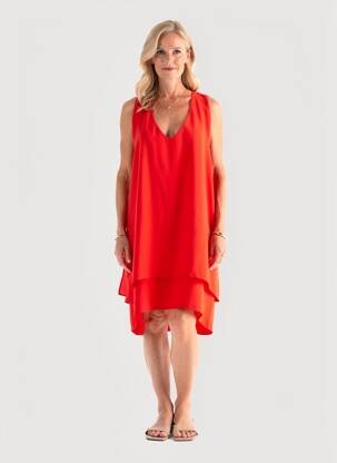 Robe mi-longue coupe fluide sans manche rouge PAUSE CAFE femme