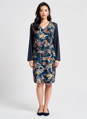 Robe mi-longue imprimé fleurs manches longues bleu PAUSE CAFE femme