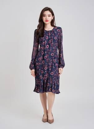 Robe mi-longue imprimé fleurs manches longues bleu TOMMY HILFIGER femme