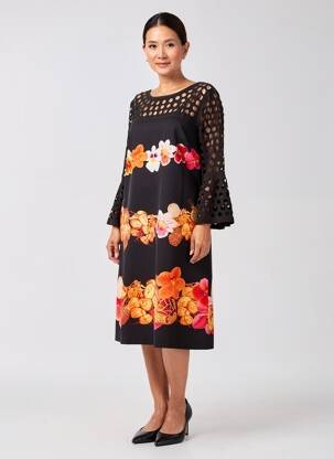 Robe mi-longue imprimé fleurs manches 3/4 noir FUEGO WOMAN femme