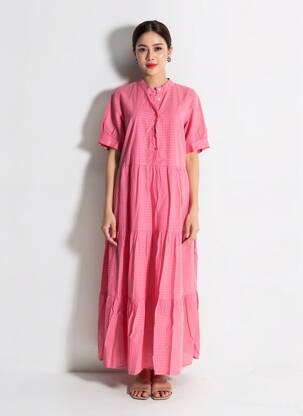 Robe longue coupe évasée manches courtes rose IMPREVU femme