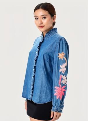 Chemisier coupe droite manches longues bleu JS MILLENIUM femme