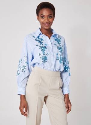 Chemisier tissage crêpe manches longues bleu LUMINE femme