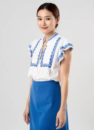 Chemisier coupe cintrée manches courtes bleu SEASON femme