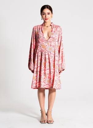 Robe mi-longue imprimé fantaisie manches longues orange SINOE BY BAMBOO'S femme