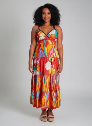 Robe longue imprimé fleurs fines bretelles rouge BAMBOO'S femme