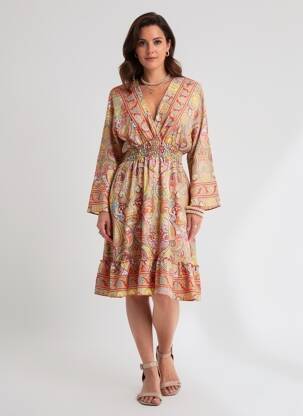 Robe mi-longue tissage crêpe manches longues jaune SINOE BY BAMBOO'S femme