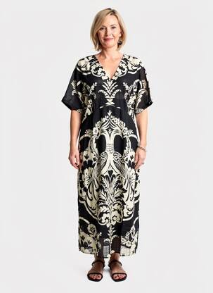Robe longue imprimé fantaisie manches courtes noir JULIE GUERLANDE femme