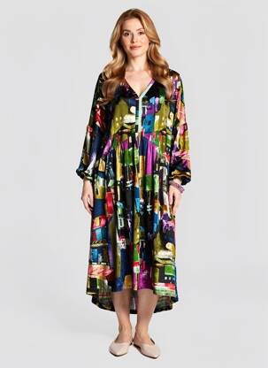 Robe mi-longue imprimé fantaisie manches longues violet ORIENTIQUE NATURALLY femme