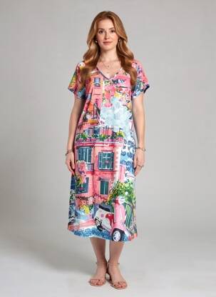 Robe mi-longue imprimé fantaisie manches courtes rose ORIENTIQUE NATURALLY femme