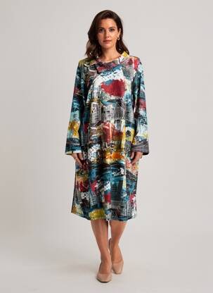 Robe mi-longue imprimé fantaisie manches longues bleu ORIENTIQUE NATURALLY femme