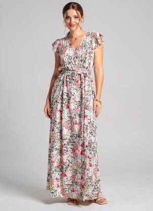 Robe longue imprimé fleurs manches courtes rouge D&X femme
