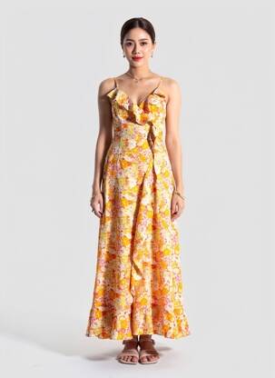 Robe longue imprimé fleurs fines bretelles orange MOLLY BRACKEN femme