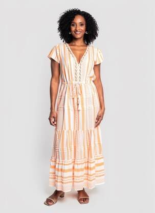 Robe longue manches courtes manches courtes orange LAST QUEEN femme