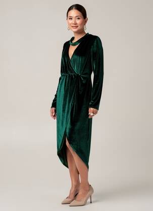 Robe mi-longue manches longues manches longues vert LILIE ROSE femme