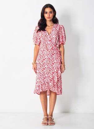 Robe mi-longue imprimé fleurs manches courtes rouge ELENA Z femme