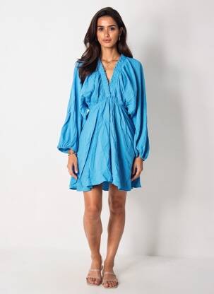 Robe mi-longue tissage crêpe manches longues bleu L'ESSENTIEL femme