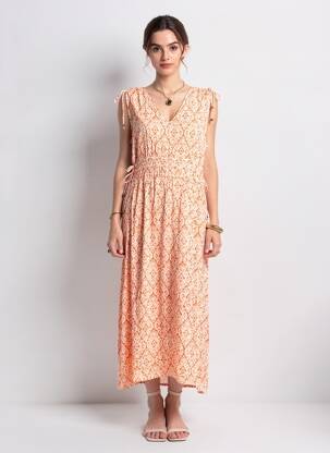 Robe longue imprimé fantaisie sans manche orange DEELUXE femme