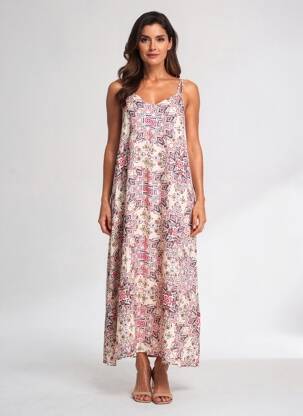 Robe longue imprimé fantaisie fines bretelles beige MOLLY BRACKEN femme