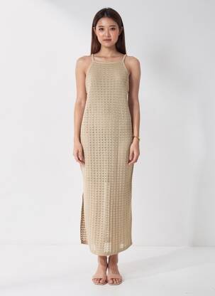 Robe longue coupe cintrée fines bretelles beige TIFFOSI femme