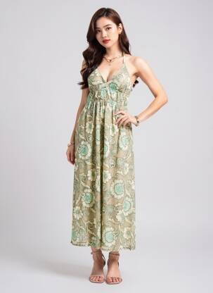 Robe longue manches dos nu fines bretelles vert TIFFOSI femme
