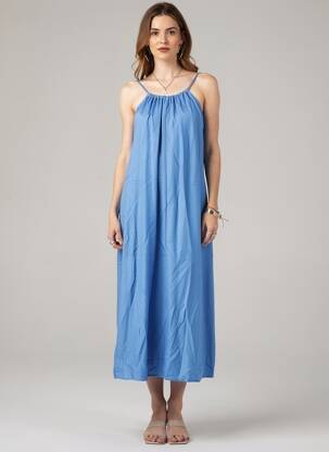 Robe longue coupe évasée fines bretelles bleu TIFFOSI femme
