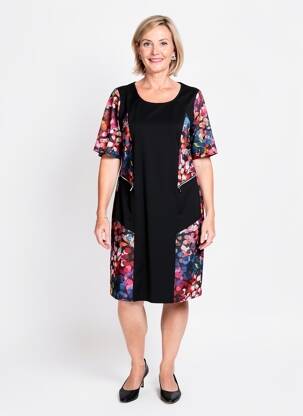 Robe mi-longue imprimé fleurs manches courtes noir HALOGENE femme