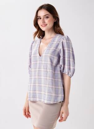 Blouse tissage popeline manches 3/4 violet GANNI femme