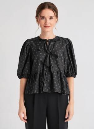 Chemisier imprimé fleurs manches 3/4 noir GANNI femme