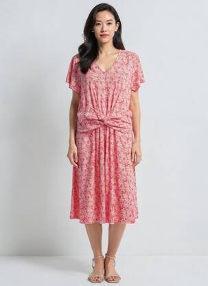 Robe mi-longue imprimé fleurs manches courtes rouge MARBLE femme