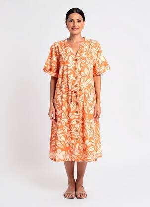 Robe mi-longue imprimé fleurs manches courtes orange ARMOR LUX femme