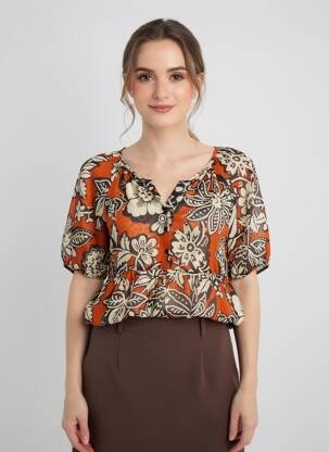 Blouse tissage popeline manches 3/4 orange C'EST BEAU LA VIE femme