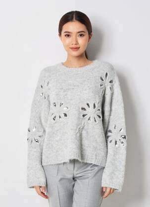 Pull tissage chiné manches longues gris CHERRY PARIS femme