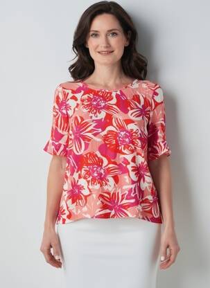 Blouse imprimé fleurs manches courtes rouge FRANCE RIVOIRE femme