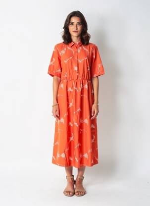 Robe mi-longue imprimé fantaisie manches courtes rouge DANEFAE femme